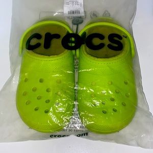 Lime green fuzzy crocks